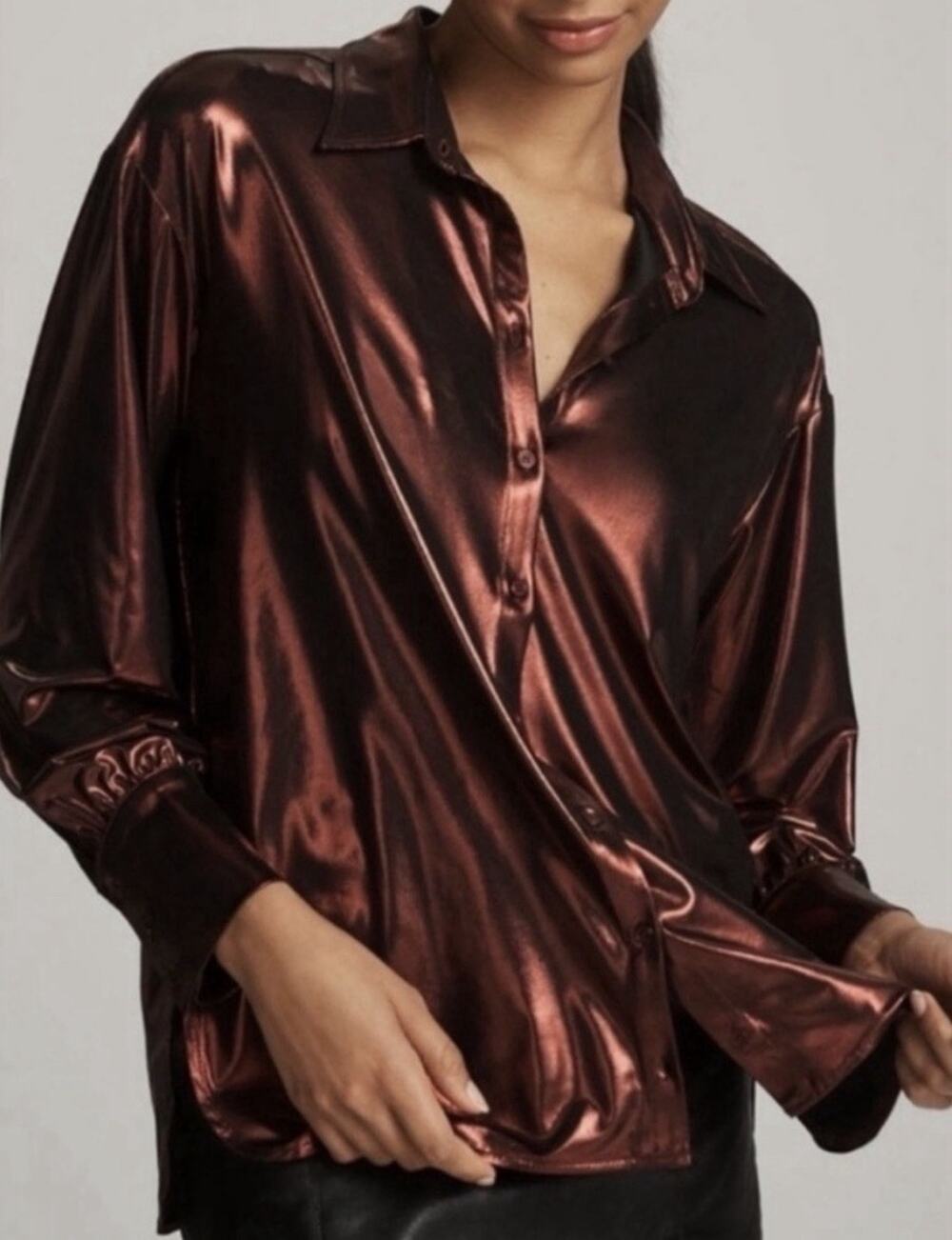 By Anthropologie Shine Buttondown Shirt Burgundy Metallic Red Oversized Size S